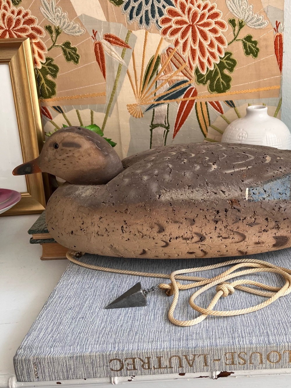 Vintage cork duck decoy with original anchor weight rustic folk art